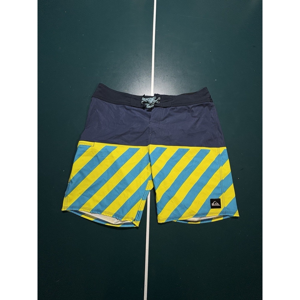 Quiksilver board shorts Size 34 Multicolor Striped‎ Blue Yellow Swim Trunks Surf